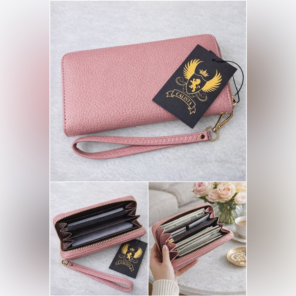 Calista Blush Pink Pebbled Wristlet Wallet Zip Around w/ Detachable Strap